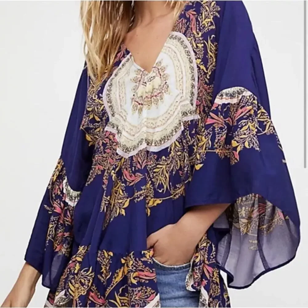 Free People Printed Tunic V-Neck High Low Mandala Shirt Top Size M